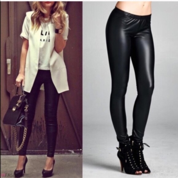 Solid Black matte Mid Waist Vegan leather Leggings - Picture 1 of 4